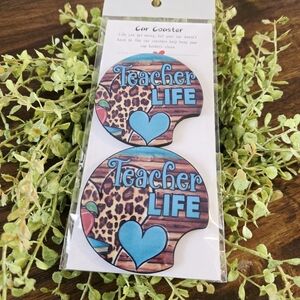 Teacher Life Car Coasters with Blue and Brown Design